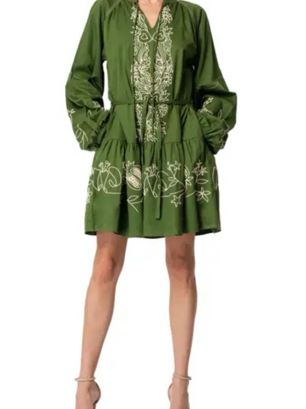 Women's Olive Green Embroidered Long Sleeve Tiered Dress